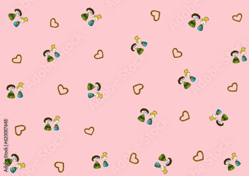 Pattern with cute kids couple and golden hearts, pink background