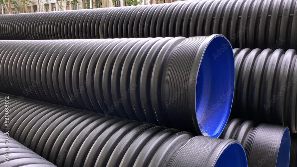 Close-up of large plastic corrugated pipes for water supply systems. Close-up of large plastic corrugated pipes for water supply systems.