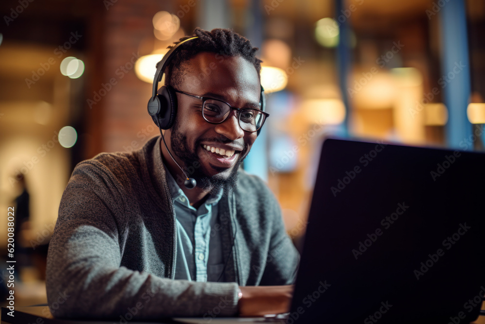 African Man wearing headphones and working with laptop, smiling and looking at camera. AI Generative African Man wearing headphones and working with laptop, smiling and looking at camera. AI Generative