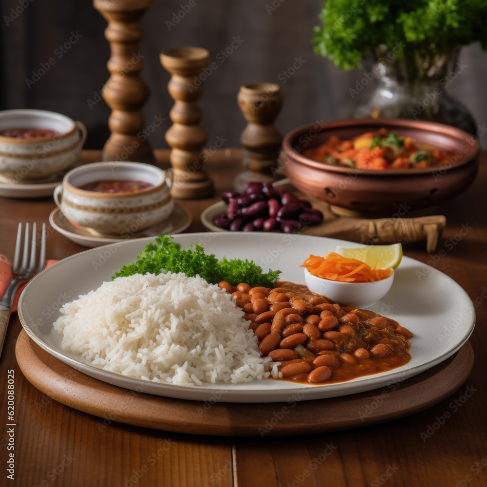 Rajma chawal north indian food plated beautifully with rice and pickle Rajma chawal north indian food plated beautifully with rice and pickle