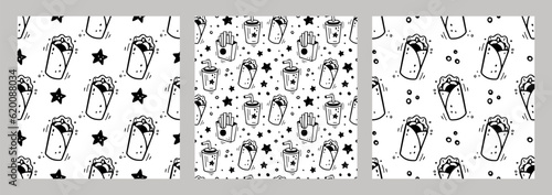Hand drawn fast food combo with donner kebab. Set of fast food seamless patternsHand drawn fast food combo with doner kebab. Set of fast food seamless patterns. Comic doodle style. Vector illustration