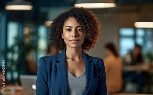 happy young african american young woman sitting in her chair smiling. AI Generative