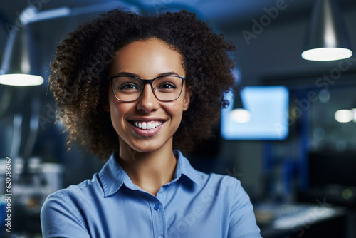 Young african american woman Working as Engineer or Scientist in Technology Research Facility. AI Generative