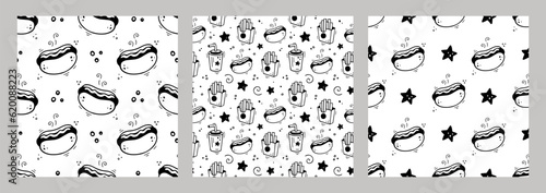 Hand drawn fast food combo seamless pattern. Set of fast food seamless patterns. Comic doodle sketch style. Vector Fast food illustration. Sketch of hot dog, paper cup of beverage, french fries box.