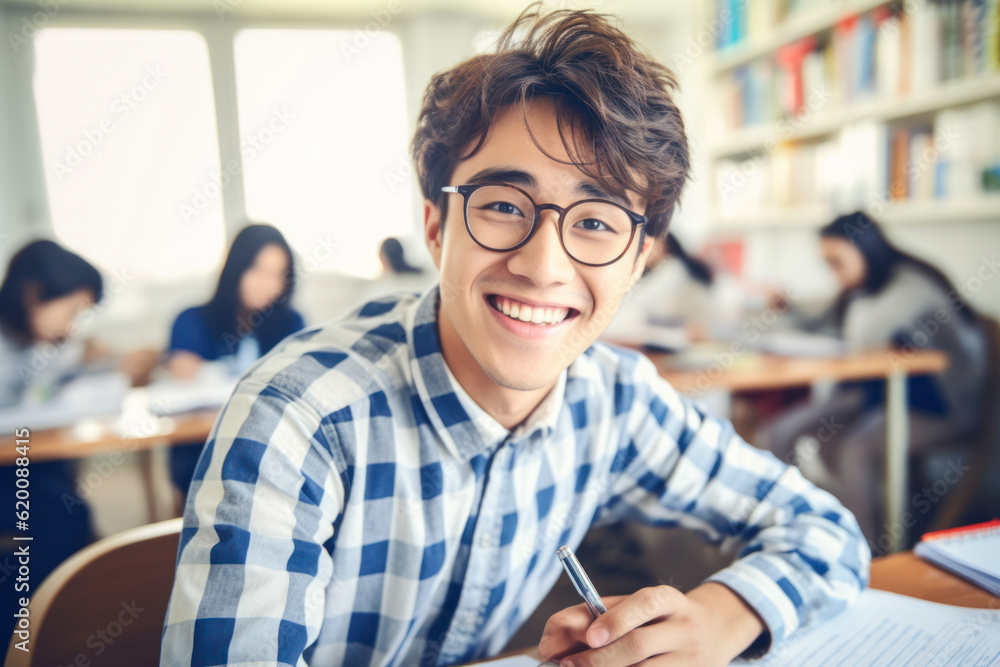 Obraz premium Satisfied young man looking at camera while sitting at desk in classroom. AI Generative