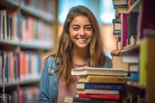 Joyful smiling bright beautiful female college student head shot portrait in the university library. AI Generative
