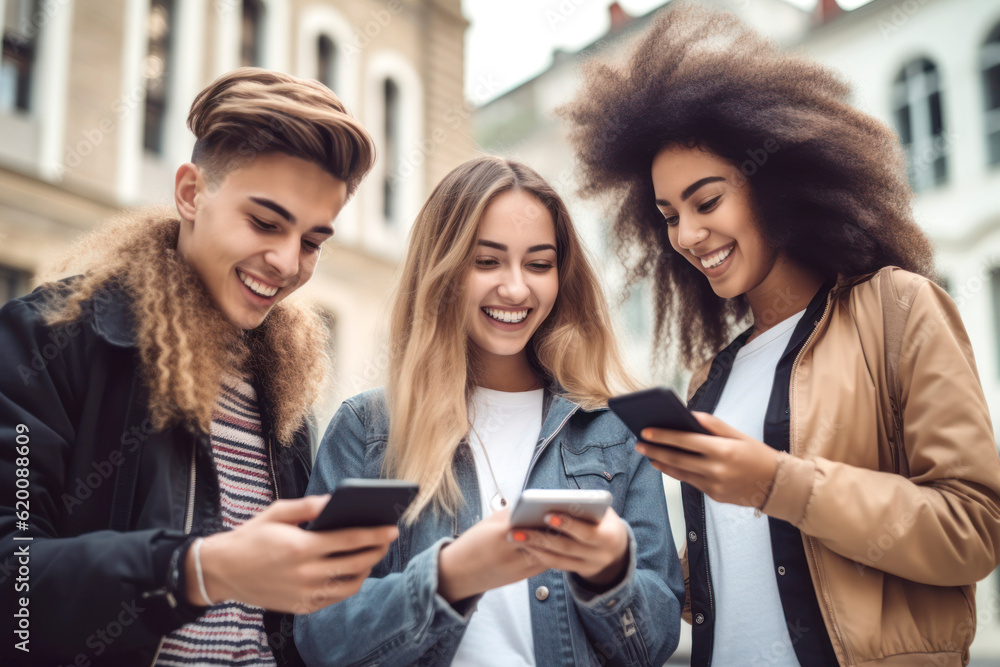 A Group of happy friends using the mobile in the street.ai generative A Group of happy friends using the mobile in the street.ai generative