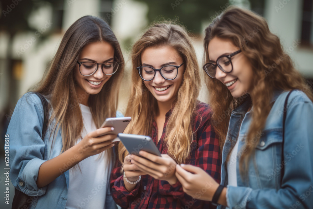 A Group of happy friends using the mobile in the street.ai generative A Group of happy friends using the mobile in the street.ai generative