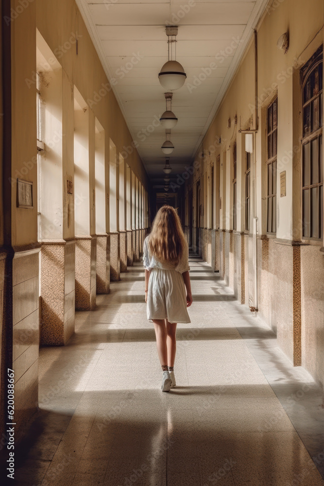 back of female student who was walking alone in corridor of school building. AI Generative back of female student who was walking alone in corridor of school building. AI Generative