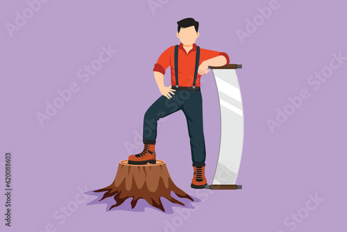 Cartoon flat style drawing smiling lumberjack wearing suspender shirt, standing with steel two man saw, posing with one foot on tree stump. Active male with big saw. Graphic design vector illustration