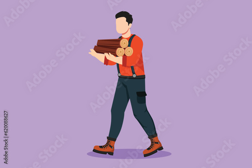 Character flat drawing strong lumberjack with beard in plaid shirt, jeans and boots, holding stack of firewood in hands. Woodcutter, forest worker walking at forest. Cartoon design vector illustration