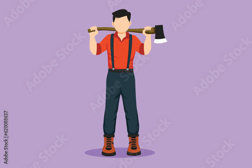 Character flat drawing lumberjack in plaid shirt, jeans with belt, leather boots holding on his shoulder ax with long wooden handle. Active man with axe on shoulder. Cartoon design vector illustration