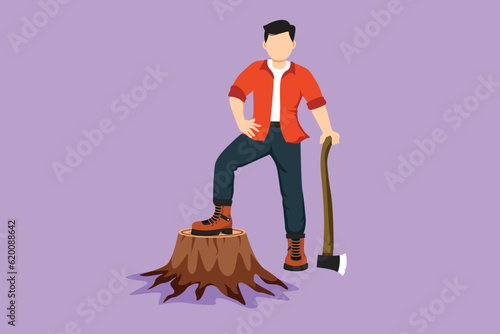 Character flat drawing lumberjack wearing plaid shirt, jeans, boots and beanie hat. Active man standing with ax and posing with one foot on a tree stump logo, icon. Cartoon design vector illustration