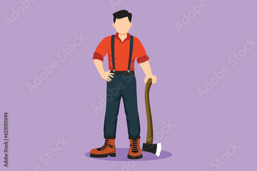 Character flat drawing active lumberjack man with axe standing wearing suspender shirt, jeans and boots. Strong lumberjack pose on the logging forest logo, symbol. Cartoon design vector illustration