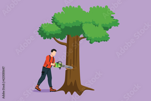 Character flat drawing of logger sawing log and tree in forest logo, icon. Wood industry worker with saw in hands. Lumberjack cut timber wood, woodcutter occupation. Cartoon design vector illustration