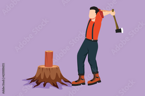 Graphic flat design drawing woodcutter or lumberjack chopping wood with axe. Wearing shirt, jeans and boots. Active man with ax in his hands cuts tree at forest icon. Cartoon style vector illustration