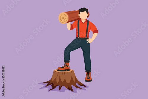 Graphic flat design drawing of lumberjack or woodcutter holding timber and axe. Wooden materials manufacturing, standing with axe, posing with one foot on tree stump. Cartoon style vector illustration