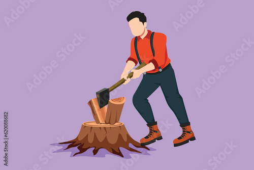 Graphic flat design drawing of strong woodman or lumberman in checkered shirt and sling pants chopping wood with ax on tree stump. Man with ax in his hands cuts tree. Cartoon style vector illustration