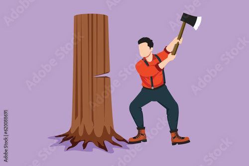 Graphic flat design drawing lumberjack with an ax chopping wood. Woodcutter chopping tree with axe. Wearing shirt, jeans and boots. Man with ax in his hands cut tree. Cartoon style vector illustration