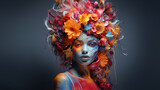 Top Model Frauen Gesicht mit bunten schwebenden Blumen als Haar dekoriert als Poster Nahaufnahme, ai generativ