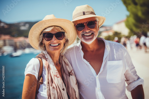 Senior couple relaxing by the sea on sunny day.