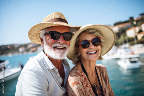 Senior couple relaxing by the sea on sunny day.