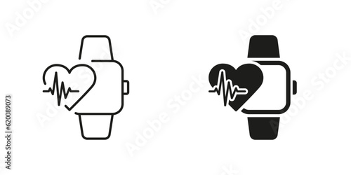 Smart Watch Technology for Sport Pictogram. Heart Pulse Control in Smartwatch Line and Silhouette Black Icon Set. Heartbeat Rate in Fitness Bracelet Symbol Collection. Isolated Vector Illustration