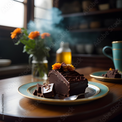 kuchen kaffee tisch kekse rorte nachmittags blumenstrau und heißer kaffee tee teatime - virtuelle fiktive szene mit generativer ki erstellt photo