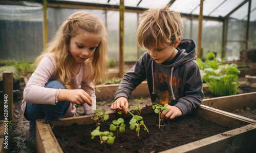 Children gardening, growing their own herbs and vegetables in a greenhouse, happy childhood siblings getting their hands dirty in the soil learning to grow on homestead generative AI photo