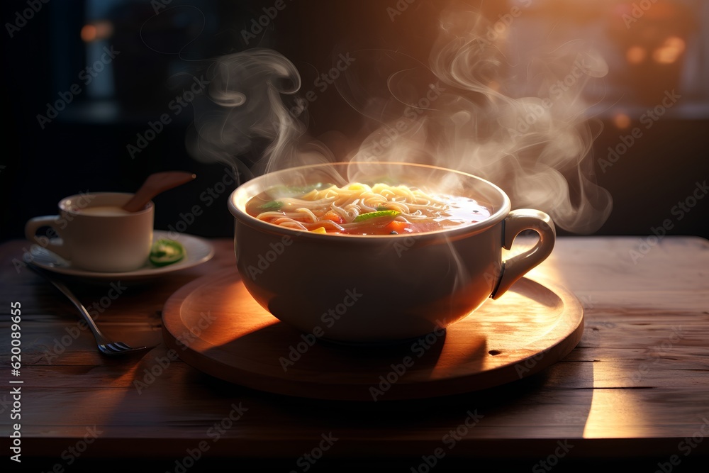 Hot soup with noodles and vegetables in a bowl on a wooden table Hot soup with noodles and vegetables in a bowl on a wooden table