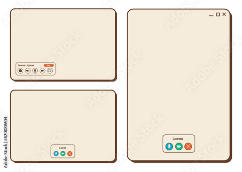 Vector retro video call templates. Audio chat windows with widget and icons. Nostalgic UI. Retro vaporwave computer interface. Vector flat illustration.