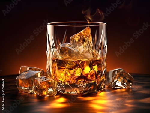 Glass of whiskey with ice cubes on dark background. 3d illustration