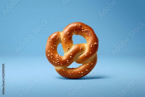 Canvas Print Bavarian pretzel on blue background. 3d rendering.