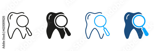 Tooth Medical Exam Pictogram. Magnifier Glass for Teeth Prevention. Dental Checkup Diagnostic Silhouette and Line Icon Set. Dental Treatment Symbol Collection. Isolated Vector Illustration