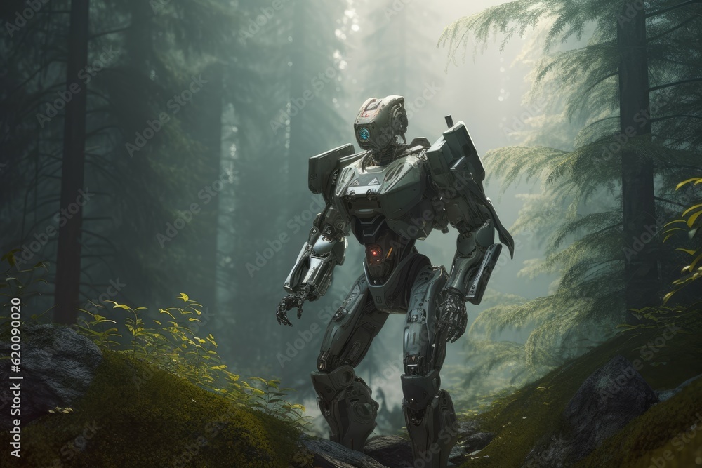 Futuristic robot forest morning. Generate Ai Futuristic robot forest morning. Generate Ai