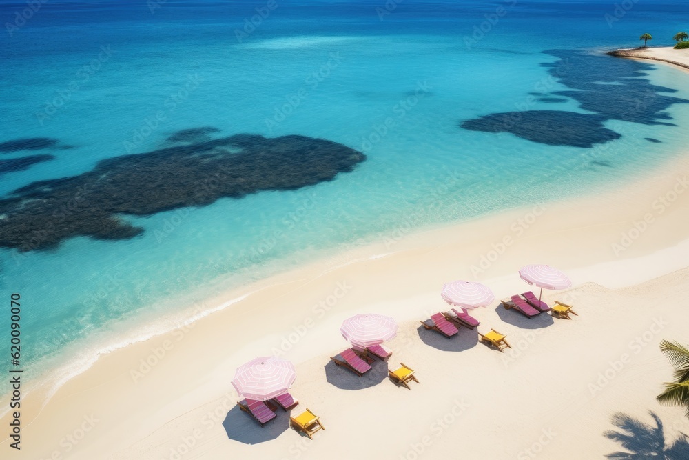 White sand sun beds chairs and umbrella travel tourism, Aerial tropical beach.