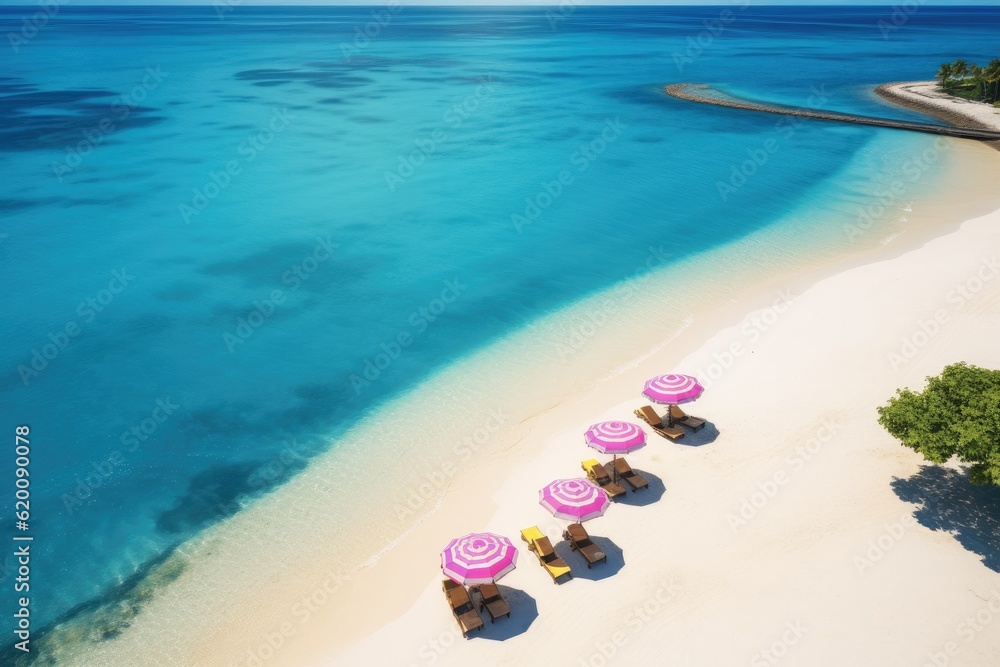 White sand sun beds chairs and umbrella travel tourism, Aerial tropical beach.
