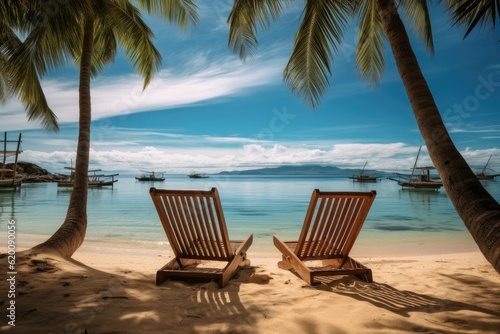 Lounge chairs and palm trees  A tropical beach nature summer scene  Amazing summer travel concept.