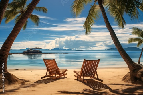 Lounge chairs and palm trees, A tropical beach nature summer scene, Amazing summer travel concept. © visoot