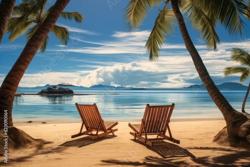 Lounge chairs and palm trees, A tropical beach nature summer scene, Amazing summer travel concept.