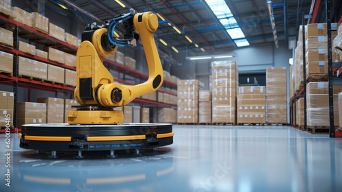 The Robot arm picks up the box Autonomous, Factory 4.0 concept, The robot is delivering the goods In Smart Distribution Warehouse, Autonomous delivery is robotic.