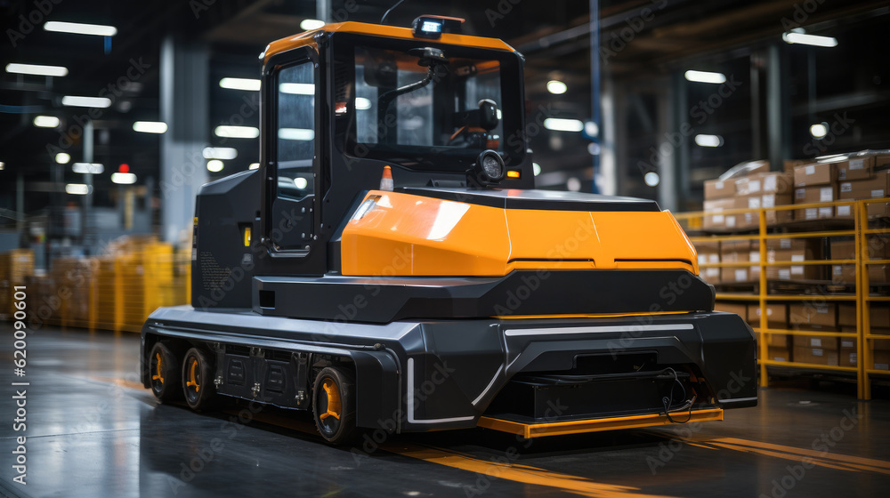 Factory Automation with AGV and robotic arm in transportation, Factory 4.0 concept Factory Automation with AGV and robotic arm in transportation, Factory 4.0 concept
