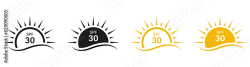 SPF 30 Sunblock Lotion Labels. Block Solar Radiation, Anti Ultraviolet Rays Symbol Collection. Sunscreen Protect Icons. UV Skin Protection Cream Pictogram Set. Isolated Vector Illustration