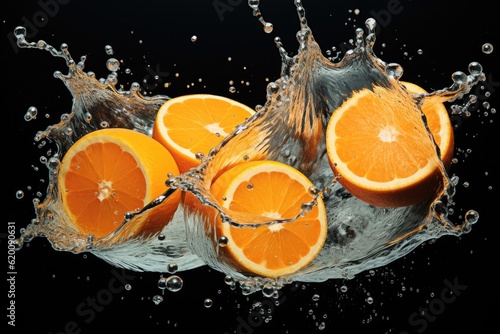 Oranges fruits dropped into water splash on black background.