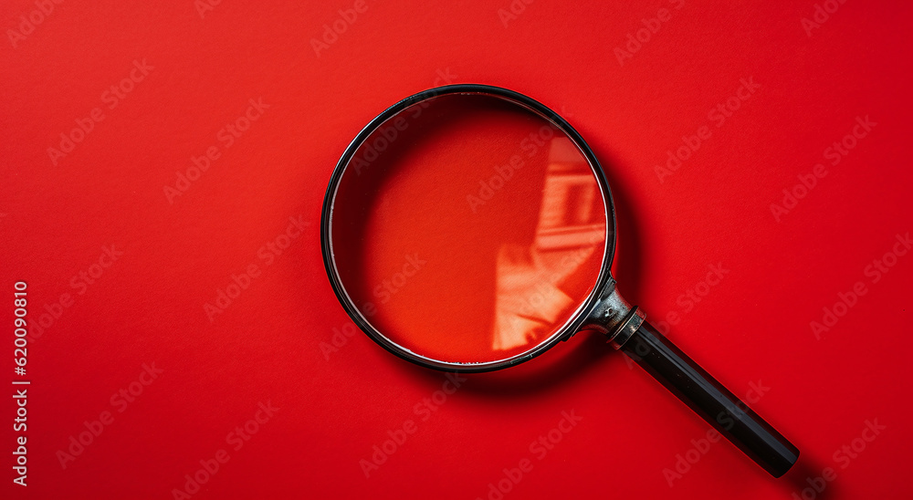 Magnifying glass on a solid red background. Generative AI Magnifying glass on a solid red background. Generative AI