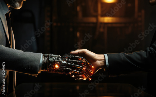 Close up hand of AI modern robot shake hand with human  Successful cooperation concept  The interaction of humans and artificial intelligence.