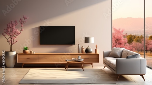 Decoration minimal  Living room interior wall mockup in warm tones with armchair on cream color wall.