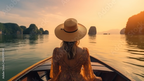 Back view of young woman traveling by boat at sunset among the sea.