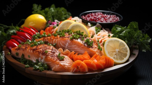 Raw seafood mix in a wooden bowl, black background, Sashimi japanese food, pieces of tuna, salmon.