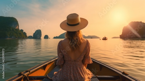 Back view of young woman traveling by boat at sunset among the sea.
